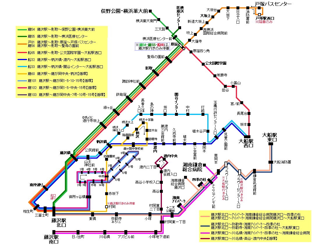 藤沢駅南口乗り場8 江ノ電バス時刻表 F65 湘南鎌倉総合病院行き パストラル
